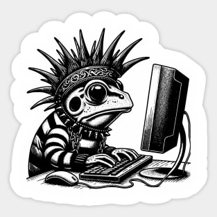 Punk Rock Goth Frog on Computer Vintage Style Sticker